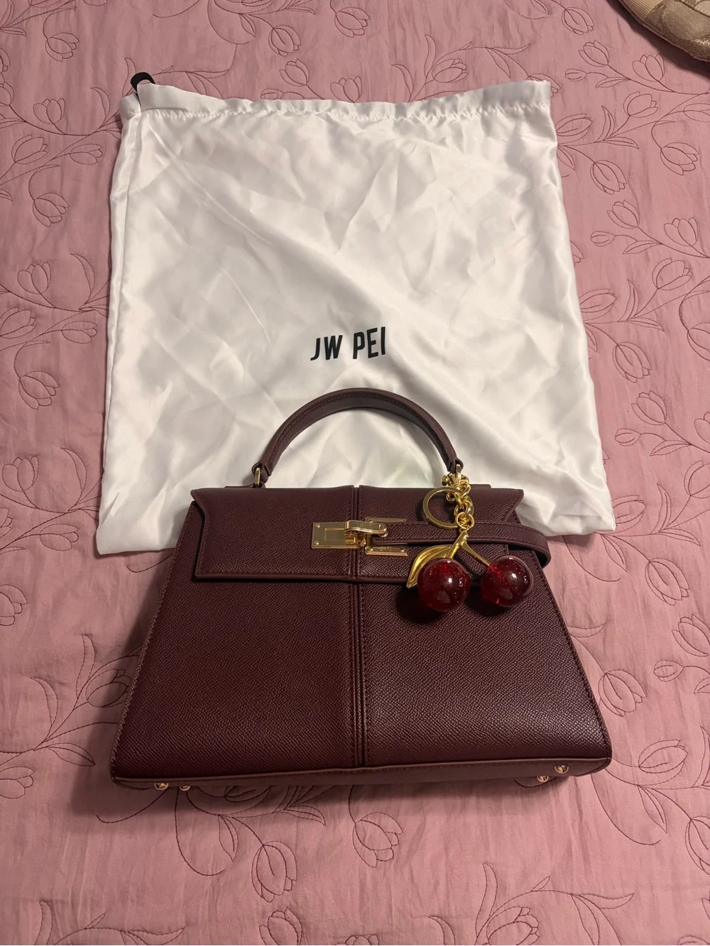 JW PEI Burgundy Structured Top-Handle Elise with Cherry Charm